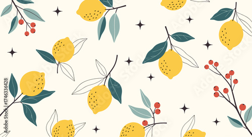 A delightful pattern of yellow lemons and red berries on a light background.