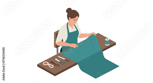 Isometric seamstress at work in sewing studio with tools and fabric