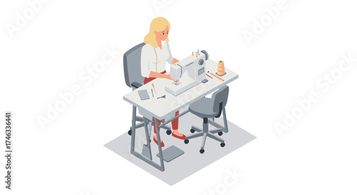 Woman sewing in home workshop with modern sewing machine in isometric style