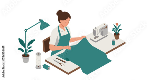 Seamstress crafting garment at sewing table with machine and tools