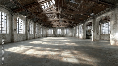 Empty industrial interior large warehouse space with sunlight and grunge