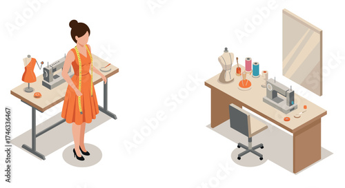 Sewing workshop with seamstress and equipment in isometric style
