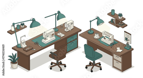 Cozy home sewing room in isometric style with sewing machines and fashion accessories