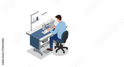 Isometric tailor at sewing machine in modern workshop setting