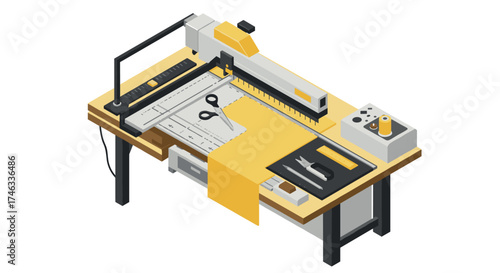 Isometric fabric cutting table with tools for precision sewing and design