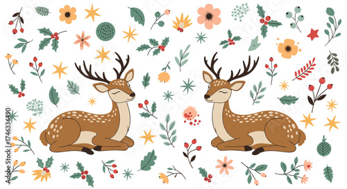 Two cute spotted deer resting among small floral and leafy elements.