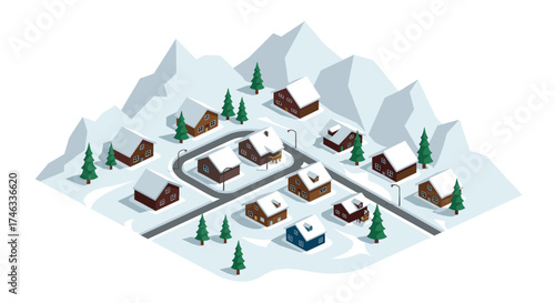 Charming isometric winter village in snowy alpine landscape