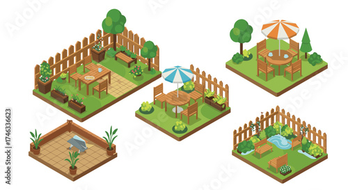 Charming backyard isometric patio designs with furniture and greenery