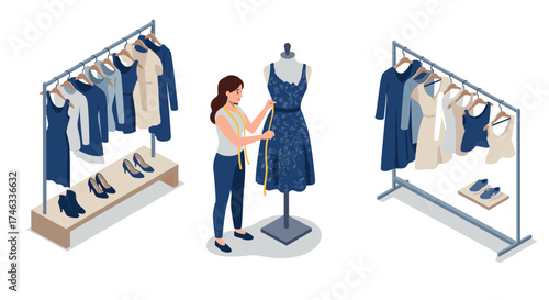 Fashion designer in boutique measuring dress on mannequin in isometric style