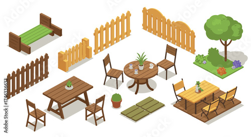Isometric backyard furniture and garden elements set for design projects