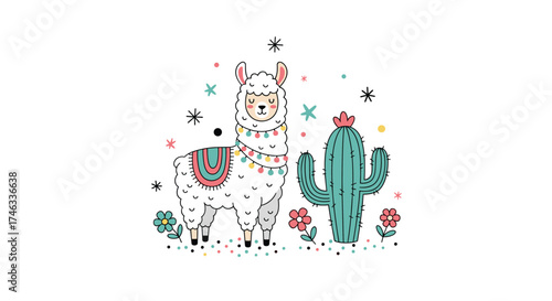 A cute llama stands next to a cactus surrounded by flowers.