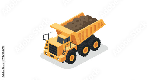 Isometric heavy duty dump truck with load on white background
