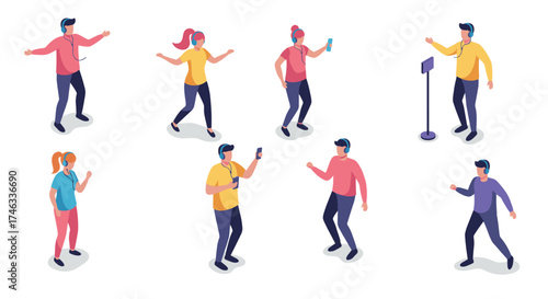 Group of isometric people dancing and listening to music with smartphones