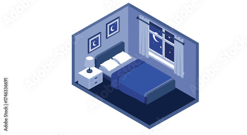 Cozy isometric bedroom with night sky view through window