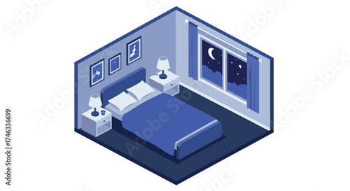 Cozy isometric bedroom scene with moonlit window and modern decor
