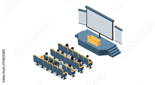 Isometric auditorium setting with projector screen and audience