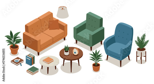 Cozy living room furniture set with modern sofa, armchairs, and coffee tables in isometric design