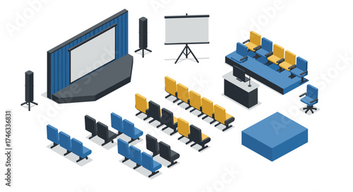Isometric conference setup with audio visual equipment and seating arrangements