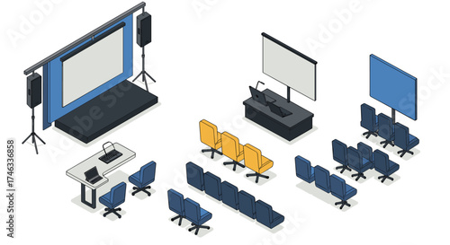 Isometric conference room setup with speaker podium and chairs