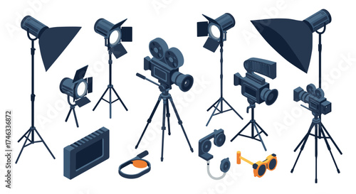 Vintage film equipment collection with classic cameras and studio lighting in isometric style