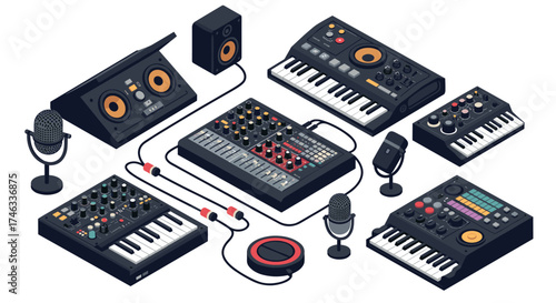 Isometric music production equipment with synthesizers, mixers, and microphones