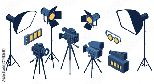 Isometric film production equipment set with cameras, lights, and clapperboards