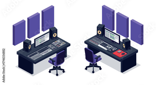 Modern isometric music studio setup with audio mixing equipment