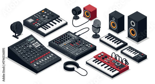 Collection of isometric electronic music equipment with synthesizers and speakers