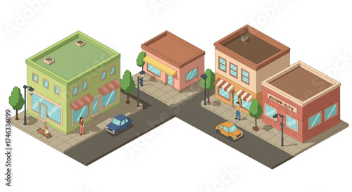 Isometric cartoon city block with shops and sidewalks