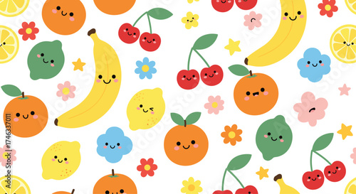 A cheerful collection of kawaii fruit characters with flowers and stars.