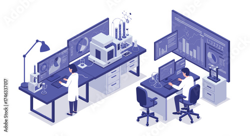 Scientists analyzing data in modern isometric laboratory with advanced technology