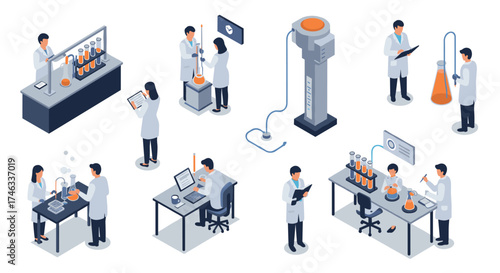 Isometric scientific laboratory with researchers conducting experiments