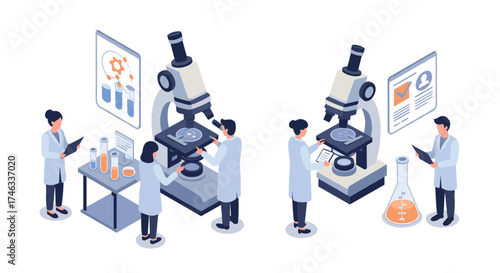 Isometric laboratory scene: scientists working with microscopes and analyzing data