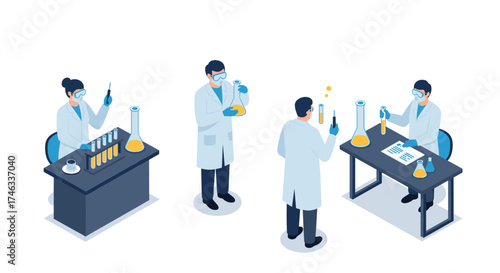 Isometric laboratory scene with scientists conducting experiments with lab equipment