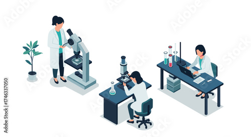 Isometric laboratory scientists conducting experiments with microscopes and test tubes