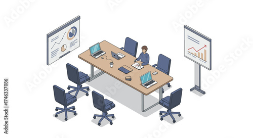 Modern office meeting room with technology in isometric design