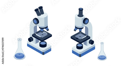 Isometric microscopes with laboratory beakers on white background