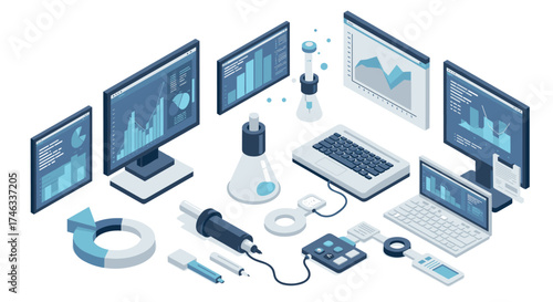 Isometric technology workspace with computers and analytical lab equipment