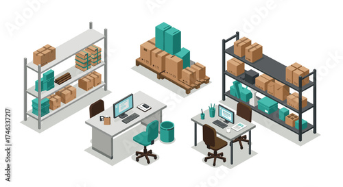 Isometric office and warehouse storage with furniture and boxes