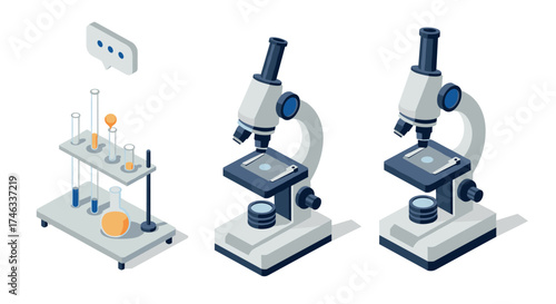 Isometric science lab equipment with microscope and test tubes on white background