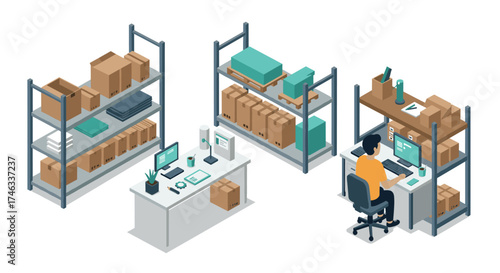 Warehouse office workspace with shelves and desk in isometric design