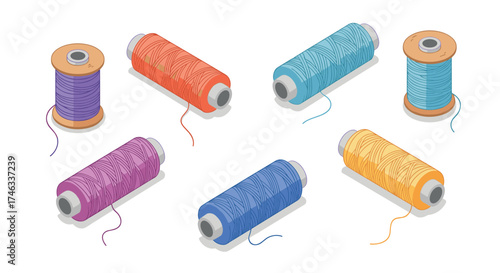 Colorful isometric thread spools set for sewing and craft projects