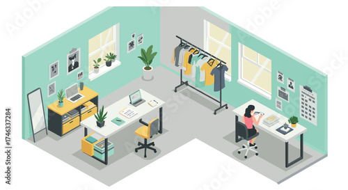 Isometric home office with two workstations and clothing rack in stylish modern design