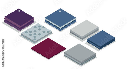 Isometric fabric swatches collection: textured patterns and color variations