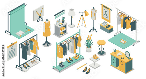 Isometric fashion workshop: sewing tools and garments in a modern studio setting