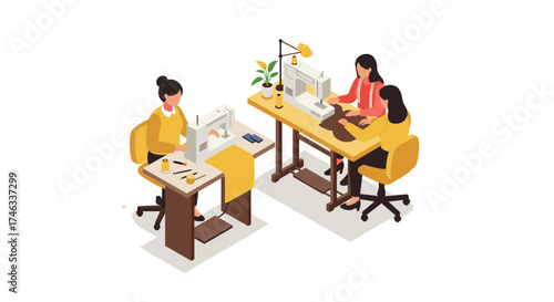 Isometric design of tailoring workshop with designers and sewing machines