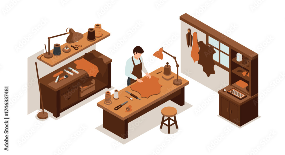 Fototapeta premium Isometric leathercraft workshop: artisan tools and studio space with vintage charm