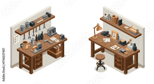 Cozy woodworker’s workshop with tools in modern isometric style