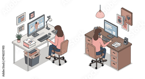 Isometric home office setup with dual monitors and box storage