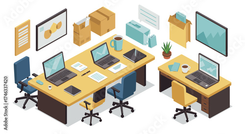 Modern office workspace with isometric desk and digital devices